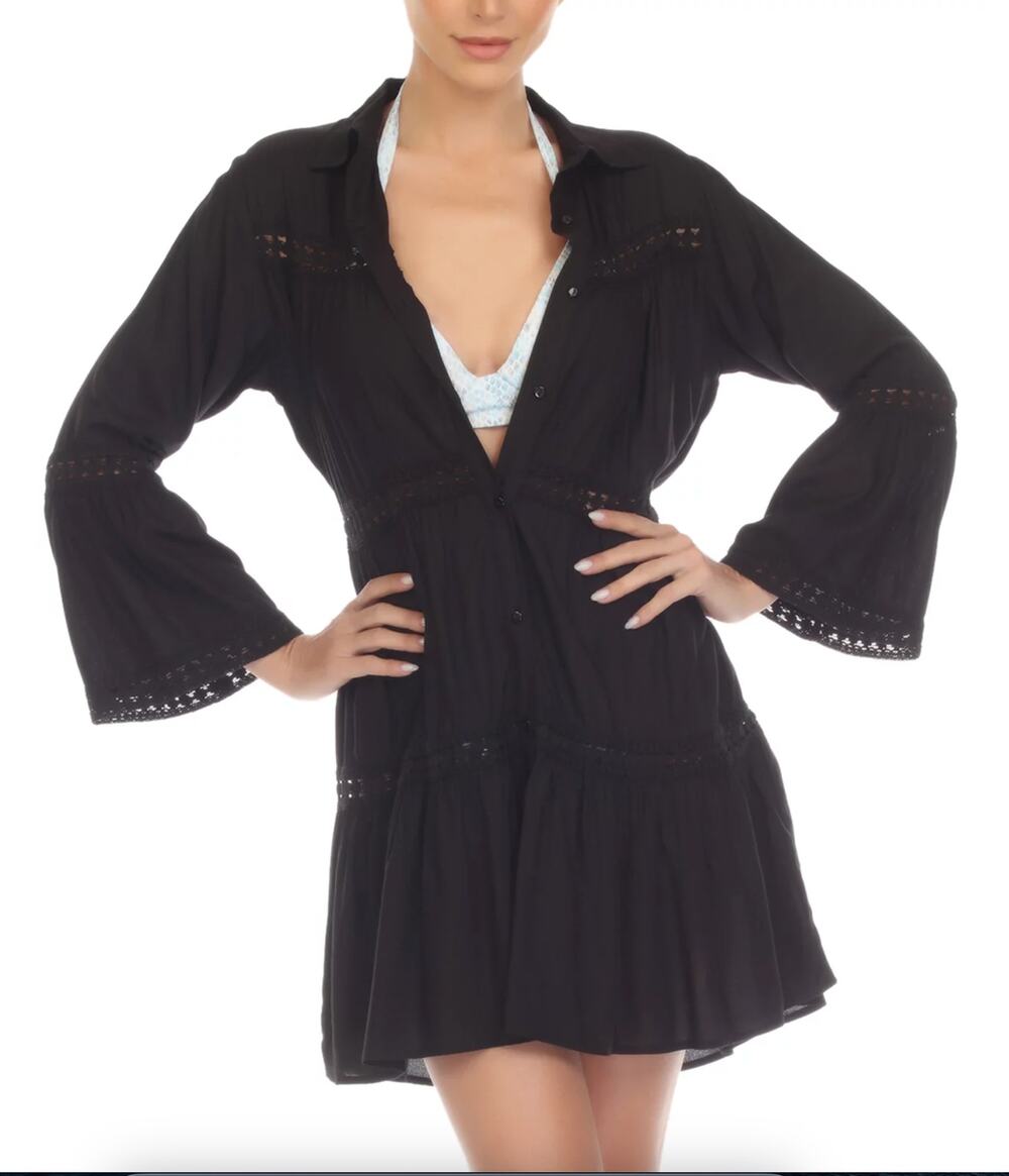 NWT Raviya Lace-Inset Dress Cover-Up Black Button Front Swimwear Size M